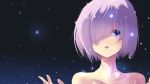  1girl bangs bare_shoulders bright_(long-ago) collarbone eyebrows_visible_through_hair fate/grand_order fate_(series) hair_over_one_eye mash_kyrielight night night_sky open_mouth purple_hair short_hair sky solo star_(sky) violet_eyes 