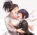  2girls anezu black_hair blue_hair blush boku_no_hero_academia breasts casual choker closed_eyes coat happy jacket jirou_kyouka long_sleeves medium_breasts multiple_girls open_mouth smile tied_hair yaoyorozu_momo 