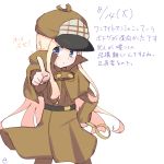  1girl abigail_williams_(fate/grand_order) alternate_costume alternate_headwear blonde_hair blue_eyes blush brown_capelet brown_coat brown_hat brown_pants cabbie_hat capelet closed_mouth coat dated detective fate/grand_order fate_(series) hand_on_hip hat holding holding_magnifying_glass kujou_karasuma long_hair long_sleeves looking_at_viewer magnifying_glass outstretched_arm pants pointing pointing_at_viewer signature simple_background sketch solo translation_request very_long_hair white_background 