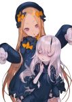  2girls abigail_williams_(fate/grand_order) bags_under_eyes bangs black_bow black_dress black_hat blonde_hair bloomers blue_eyes blush bow bug bukurote butterfly commentary_request dress fate/grand_order fate_(series) forehead hair_bow hands_up hat head_tilt horn insect lavinia_whateley_(fate/grand_order) long_hair long_sleeves looking_at_viewer multiple_girls orange_bow parted_bangs parted_lips polka_dot polka_dot_bow silver_hair sleeves_past_fingers sleeves_past_wrists underwear very_long_hair violet_eyes white_bloomers wide-eyed 