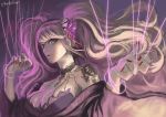  1girl bangs blue_eyes breasts butterfly_hair_ornament choker cleavage dangan_ronpa dangan_ronpa_1 enoshima_junko floating_hair hair_ornament hair_ribbon japanese_clothes kimono long_hair looking_at_viewer medium_breasts nail_polish nyuukazai parted_lips purple_kimono red_nails ribbon signature silver_hair sketch solo swept_bangs twintails upper_body very_long_hair 