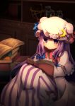  1girl bangs blue_bow blue_ribbon blunt_bangs blush book book_stack bookshelf bow braid commentary crescent crescent_moon_pin dark expressionless eyebrows_visible_through_hair globe hat highres jar long_hair nyankoni_koban open_book patchouli_knowledge purple_hair reading red_bow red_neckwear red_ribbon ribbon shelf sitting solo touhou twin_braids very_long_hair violet_eyes 