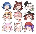  6+girls animal animal_ears bangs black_hairband black_hat blonde_hair blue_eyes blue_hair blunt_bangs bored bow brown_hair closed_eyes cross curly_hair dog dolls_in_pseudo_paradise expressionless eyeball eyebrows_visible_through_hair fangs flandre_scarlet glasses gun hair_between_eyes hair_bow hair_ornament hairband hat hat_ribbon head head_fins heart heart_hair_ornament holding holding_animal holding_cross holding_mushroom holding_scissors imaizumi_kagerou inubashiri_momiji komeiji_satori konpaku_youmu label_girl_(dipp) long_hair looking_at_viewer mefomefo monster_girl moon_rabbit multiple_girls mushroom one_eye_closed open_mouth pink_eyes pink_hair portrait purple_hair rabbit_ears red_bow red_eyes red_hat reisen_udongein_inaba ribbon salute scissors scowl serious short_hair side_ponytail simple_background smile straight_hair third_eye tokin_hat touhou usami_sumireko v wakasagihime weapon white_background white_bow white_hair white_hairband white_ribbon wolf_ears 