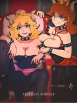  1girl bare_shoulders black_collar black_dress blonde_hair blue_eyes borrowed_design bowsette bracelet breasts brown_hair cleavage collar collarbone commentary_request crown dress earrings erica_june_lahaie eyebrows_visible_through_hair fang genderswap hair_between_eyes highres horns jewelry large_breasts super_mario_bros. new_super_mario_bros._u_deluxe nintendo open_mouth pantyhose ring sharp_teeth sitting smile spiked_armlet spiked_bracelet spiked_collar spiked_shell spikes strapless strapless_dress super_crown super_mario_bros. teeth throne transformation 