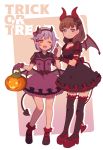  2girls :d bangs bare_legs black_legwear blue_eyes bow brown_hair choker demon_tail demon_wings dress drop_shadow english frilled_dress frilled_gloves frills full_body gloves hair_bow hair_ornament hairband hairclip halloween hand_holding horn_ornament idolmaster idolmaster_cinderella_girls inverted_colors jack-o&#039;-lantern koshimizu_sachiko lantern layered_dress looking_at_viewer low_wings mary_janes multiple_girls muted_color one_eye_closed open_mouth platform_footwear puffy_sleeves pumpkin purple_frills purple_gloves purple_hair red_footwear red_frills red_legwear rounded_corners sakuma_mayu shoes short_hair simple_background slim_legs smile standing tail thigh-highs trick_or_treat uso_(ameuzaki) wings 