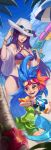  2girls absurdres beach bikini blue_hair blue_sky breasts caitlyn_(league_of_legends) cleavage clouds flat_chest frilled_swimsuit frills green_eyes green_swimsuit hat heterochromia highres league_of_legends medium_breasts multiple_girls open_clothes parted_lips pool_party_caitlyn pool_party_zoe purple_bikini purple_hair sky smile squidsmith standing sunglasses swimsuit violet_eyes water_gun zoe_(league_of_legends) 
