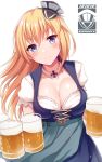  1girl alcohol alternate_costume bangs beer beer_mug bismarck_(kantai_collection) blonde_hair blue_eyes blush breasts chains cleavage closed_mouth collarbone commentary_request cup dirndl dress eyebrows_visible_through_hair german_clothes hair_between_eyes hat holding holding_cup interstellar iron_cross jewelry kantai_collection kriegsmarine large_breasts long_hair looking_at_viewer maid military_hat mini_hat necklace oktoberfest peaked_cap simple_background smile solo standing white_background 