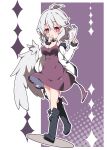  1girl ahoge bangs bare_shoulders black_footwear blush boots breasts brown_dress cleavage closed_mouth commentary_request dress eyebrows_visible_through_hair grey_hair grey_wings hair_between_eyes hand_to_own_mouth hand_up holding jacket kishin_sagume knee_boots large_breasts long_sleeves looking_at_viewer milkpanda off_shoulder open_clothes open_jacket red_eyes single_wing sleeveless sleeveless_dress sleeves_past_wrists solo touhou white_jacket wings 