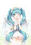  1girl ;d angel_wings aqua_eyes aqua_hair bare_shoulders commentary eyebrows_visible_through_hair garter_straps gloves hair_between_eyes halo hatsune_miku heart heart-shaped_pupils highres jewelry long_hair looking_at_viewer mvv necklace one_eye_closed open_mouth round_teeth smile solo symbol-shaped_pupils teeth thigh-highs twintails very_long_hair vocaloid white_gloves white_legwear wings 