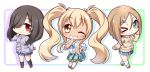 &gt;_o 3girls ;) bangs black_legwear blonde_hair blue_bow blue_eyes blue_skirt blush bow breasts brown_cardigan brown_footwear brown_hair cardigan cardigan_around_waist chibi closed_mouth clothes_around_waist collarbone collared_shirt commentary_request eyebrows_visible_through_hair full_body green_cardigan grin hair_between_eyes hair_ornament hair_over_one_eye hairclip hand_to_own_mouth hand_up head_tilt highres kneehighs light_brown_hair loafers long_hair long_sleeves looking_at_viewer loose_socks medium_breasts multiple_girls one_eye_closed osonoi_maiko plaid plaid_skirt pleated_skirt puffy_long_sleeves puffy_sleeves purple_cardigan red_eyes shachoo. shadow shirt shoes sidelocks skirt sleeves_past_wrists smile standing sunohara_nana sunoharasou_no_kanrinin-san tan twintails uchifuji_mea very_long_hair white_background white_legwear white_shirt 