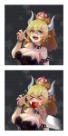  &gt;_&lt; 1boy 1girl 2koma :p absurdres anger_vein aqua_eyes blonde_hair blush_stickers borrowed_character bowsette breasts cleavage closed_eyes collar comic crown fingernails highres horns long_hair looking_at_viewer super_mario_bros. nail_polish new_super_mario_bros._u_deluxe nintendo pointy_ears ponytail pulling saliva sharp_fingernails sharp_teeth smile solo spiked_armlet spiked_collar spikes star starry_background super_crown tearing_up tears teeth tongue tongue_out trembling upper_body wavy_mouth 