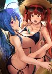  2girls ahoge alternate_costume arm_around_back ass azur_lane bangs bare_shoulders beach bikini black_bikini black_ribbon blue_hair blue_sky blush breast_press breasts butt_crack cleavage closed_mouth clouds collarbone criss-cross_halter curvy day embarrassed eyebrows_visible_through_hair eyewear_on_head hair_between_eyes hair_ribbon halter_top halterneck hand_up hat holding holding_innertube honolulu_(azur_lane) hose hose_between_breasts innertube kanzaki_kureha large_breasts long_hair looking_at_viewer looking_back multiple_girls navel ocean open_mouth outdoors red_eyes redhead ribbon sand sky smile st._louis_(azur_lane) stomach straw_hat sunglasses swimsuit symmetrical_docking thighs twintails violet_eyes water wet 