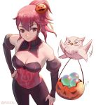  1girl absurdres anna_(fire_emblem) azto_dio bare_shoulders bird breasts brown_eyes candy cleavage corset feh_(fire_emblem_heroes) fire_emblem fire_emblem_heroes food gloves halloween highres long_hair looking_at_viewer medium_breasts nintendo owl ponytail pumpkin redhead smile solo 