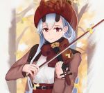  1girl autumn_leaves blouse bow_(instrument) brown_coat coat commentary_request fate/grand_order fate_(series) forest hat instrument kuguiema light_smile long_hair looking_at_viewer mitsudomoe_(shape) music nature oni_horns open_clothes open_coat playing_instrument red_eyes red_skirt sidelocks silver_hair skirt solo tomoe_(symbol) tomoe_gozen_(fate/grand_order) upper_body violin violin_bow white_blouse 