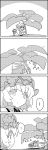  &gt;_&lt; ... 4koma ? aki_minoriko bow cirno comic commentary_request directional_arrow dress flying food fruit grapes greyscale hair_bow hat highres holding ice ice_wings leaf letty_whiterock monochrome oversized_plant plant pulling scarf short_hair short_sleeves silent_comic smile sweet_potato tani_takeshi touhou translation_request wings yukkuri_shiteitte_ne |_| 