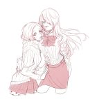  2girls closed_eyes curly_hair hug kirijou_mitsuru long_hair looking_at_viewer medium_hair monochrome multiple_girls okumura_haru persona persona_3 persona_5 peru_suke ribbon skirt sweater 