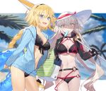  2girls :d ahoge bangs beach_umbrella bikini black_bikini black_choker black_hairband black_jacket blonde_hair blue_eyes blue_innertube blue_jacket braid breasts choker clouds cloudy_sky commentary_request cooler cowboy_shot cropped_jacket eyebrows_visible_through_hair fate/grand_order fate_(series) food food_in_mouth front-tie_bikini front-tie_top hair_between_eyes hairband hat hayashi_kewi head_tilt holding holding_innertube hood hood_down hooded_jacket innertube jacket jeanne_d&#039;arc_(alter_swimsuit_berserker) jeanne_d&#039;arc_(fate)_(all) jeanne_d&#039;arc_(swimsuit_archer) large_breasts long_braid long_hair looking_at_viewer mouth_hold multiple_girls navel o-ring o-ring_bikini o-ring_bottom o-ring_top open_mouth outdoors over_shoulder palm_tree popsicle shrug_(clothing) silver_hair single_braid sky smile sun_hat swimsuit tote_bag transparent tree umbrella very_long_hair waist yellow_eyes 