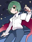  1girl antennae cape commentary_request dress_shirt green_eyes green_hair hammer_(sunset_beach) looking_at_viewer pants shirt short_hair smile solo touhou wriggle_nightbug 