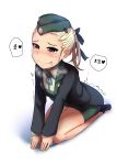  1girl absurdres black_jacket blonde_hair blue_eyes blush dogeza girls_frontline green_jacket green_skirt hair_ribbon hat highres jacket korean long_sleeves looking_at_viewer military military_hat military_jacket military_uniform miniskirt ribbon serdyukov_(girls_frontline) sexually_suggestive shirt shoes short_hair simple_background sitting skirt solo translation_request uniform white_background white_shirt yellowseeds 