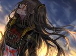  backlighting bangs bleeding blood bloody_clothes blue_sky brown_hair clothes_writing clouds damaged girls_frontline hair_between_eyes hair_ornament jacket long_hair looking_at_viewer one_side_up open_mouth outdoors scar scar_across_eye scarf shirt silence_girl sky smile sunset torn_clothes ump45_(girls_frontline) upper_body yellow_eyes yellow_sky 
