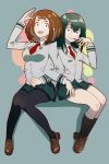  2girls :d asui_tsuyu black_eyes black_legwear blazer blush boku_no_hero_academia breasts brown_eyes brown_footwear brown_hair closed_mouth collared_shirt commentary dress_shirt english_commentary eyelashes fine_fabric_emphasis frog_girl full_body green_background green_hair green_skirt grey_jacket highres jacket kneehighs knees_together_feet_apart legs_together loafers locked_arms long_hair long_sleeves looking_at_viewer medium_breasts miniskirt multiple_girls necktie open_mouth pleated_skirt red_neckwear school_uniform shirt shoes short_hair sitting skirt small_breasts smile tongue tongue_out uraraka_ochako vic waving white_shirt wing_collar 