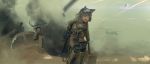  1girl action aircraft bag blurry blurry_background blurry_foreground brown_eyes brown_jacket carrying ch-47_chinook commentary_request dark_skin day depth_of_field dust_cloud explosion explosive fire frown furukawa_herzer grenade grey_hair gun helicopter highres jacket long_sleeves looking_to_the_side machine_gun military motion_blur open_mouth original partial_commentary satchel short_hair smoke solo_focus sparks standing standing_on_one_leg striker_unit tactical_clothes tracer_fire walking weapon weapon_request world_witches_series 