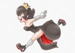  1girl absurdres aoiumi_youtuber bare_shoulders black_dress black_footwear black_hair breasts bullet_bill cleavage crown dress earrings elbow_gloves frilled_dress frills full_body gloves highres jewelry super_mario_bros. medium_breasts new_super_mario_bros._u_deluxe nintendo open_mouth pointy_ears red_eyes running short_hair simple_background solo super_crown white_gloves 