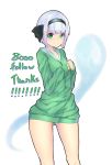  1girl absurdres bare_legs black_hairband blush breasts english eyebrows_visible_through_hair green_eyes green_sweater hairband hands_on_own_chest highres konpaku_youmu konpaku_youmu_(ghost) looking_at_viewer no_pants silver_hair simple_background small_breasts smile solo sweater thank_you thighs touhou watari1118 white_background 