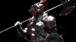  1boy armor black_background glowing glowing_eyes goblin_slayer goblin_slayer! helmet highres knight kuroi_enpitsu red_eyes simple_background solo 