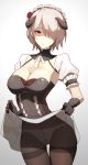  1girl bangs benghuai_xueyuan black_horns black_legwear breasts character_request cleavage closed_mouth commentary cowboy_shot crotch_seam detached_sleeves english_commentary expressionless eyebrows_visible_through_hair frilled_sleeves frills gloves hair_over_one_eye highres honkai_impact horns large_breasts looking_at_viewer lowleg lowleg_panties maid maid_headdress panties panties_under_pantyhose pantyhose puffy_short_sleeves puffy_sleeves short_hair short_sleeves solo thigh_gap thighband_pantyhose underwear very_short_hair vic white_panties wide_hips 