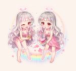  2girls ;d bangs barefoot bikini blann blush breasts cake character_request chibi cleavage collarbone dungeon_and_fighter food front-tie_bikini front-tie_top full_body grey_hair halo holding holding_tray long_hair looking_at_viewer multiple_girls one_eye_closed open_mouth party_popper pink_bikini pink_sarong pointy_ears red_eyes sarong side-tie_bikini smile standing swimsuit tray wavy_hair 