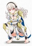  1girl ashita_yaru barefoot black_hairband breasts cape cleavage crossed_arms female_my_unit_(fire_emblem_if) fire_emblem fire_emblem_if hairband long_hair medium_breasts my_unit_(fire_emblem_if) nintendo pointy_ears red_eyes solo squatting white_hair 