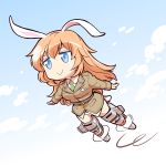  1girl animal_ears blue_eyes charlotte_e_yeager clouds cloudy_sky day flying full_body highres ishiyumi long_hair long_sleeves military military_uniform necktie no_pants orange_hair panties propeller rabbit_ears sky smile solo strike_witches underwear uniform white_panties world_witches_series 