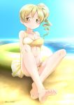  1girl abutomato beach bikini blonde_hair blue_sky blush breasts cleavage closed_mouth clouds commentary_request day drill_hair highres innertube large_breasts long_hair looking_at_viewer mahou_shoujo_madoka_magica navel ocean outdoors sand shiny shiny_hair shiny_skin side_ponytail sitting sky smile solo swimsuit tomoe_mami water yellow_bikini yellow_eyes 