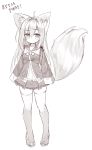  1girl absurdres ahoge animal_ear_fluff animal_ears bangs blush breasts closed_mouth collarbone commentary_request dress eyebrows_visible_through_hair flower_knot fox_ears fox_girl fox_tail full_body greyscale hair_between_eyes highres korean long_hair long_sleeves looking_at_viewer monochrome original pleated_dress sailor_dress shoes sidelocks sleeves_past_fingers sleeves_past_wrists small_breasts solo tail tail_raised tandohark thigh-highs translation_request very_long_hair 
