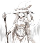  1girl blue_eyes breasts cape cleavage diana_cavendish drawfag earrings hand_up hat hat_feather highres jewelry little_witch_academia long_hair looking_at_viewer medium_breasts older sketch solo spot_color staff standing witch_hat 