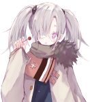  1girl :o bangs blue_jacket blush brown_scarf buran_(kure) commentary_request eyebrows_visible_through_hair food fur-trimmed_jacket fur_trim girls_frontline glasses grey_hair grey_jacket hair_over_one_eye hand_up head_tilt highres hk21_(girls_frontline) holding holding_food holding_lollipop jacket long_hair long_sleeves looking_at_viewer open_clothes open_jacket parted_lips pinching_sleeves round_eyewear scarf sidelocks simple_background sleeves_past_wrists solo twintails upper_body violet_eyes white_background 