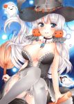  1girl :d azur_lane bangs bare_shoulders black_hat blush breasts broom broom_riding cleavage detached_collar eyebrows_visible_through_hair food_themed_hair_ornament ghost grey_legwear grey_panties hair_ornament halloween halloween_costume hat highres illustrious_(azur_lane) knees_together_feet_apart large_breasts long_hair looking_at_viewer low_twintails marker_(medium) mole mole_on_breast mole_under_eye open_mouth panties pantyshot pantyshot_(sitting) pumpkin_hair_ornament sidesaddle sitting smile solo teeth thigh-highs traditional_media twintails underwear witch_hat yoruoujito-tsukinohime 