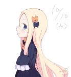  1girl abigail_williams_(fate/grand_order) bangs black_bow black_dress blonde_hair blue_eyes blush bow closed_mouth commentary_request dated dress fate/grand_order fate_(series) hair_bow hand_up highres kujou_karasuma long_hair long_sleeves looking_at_viewer looking_to_the_side no_hat no_headwear orange_bow parted_bangs profile sideways_mouth signature simple_background sleeves_past_fingers sleeves_past_wrists solo sweat upper_body very_long_hair wavy_mouth white_background 