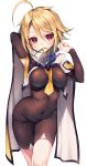  1girl absurdres ahoge arms_up blazblue blonde_hair blush bodysuit cape covered_navel flower highres himegi_you lambda-11 long_hair mouth_hold red_eyes simple_background solo white_background 