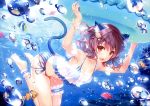  1girl absurdres air_bubble animal animal_ears armpits bangs bare_shoulders barefoot bikini bracelet breasts brown_eyes brown_hair bubble cat_ears cat_tail cleavage clownfish collarbone fingernails fish full_body hair_ornament highres huge_filesize innertube jewelry looking_at_viewer medium_breasts misaki_kurehito ocean open_mouth original outdoors pearl_bracelet see-through shell_hair_ornament short_hair side-tie_bikini smile solo striped submerged swimsuit tail thigh_strap thighs toes underwater vertical_stripes water 