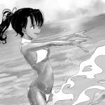  1girl absurdres bangs bikini breasts covered_nipples crotch_seam dark_skin droplet from_side furukawa_herzer greyscale groin hair_ribbon halterneck highres hip_bones looking_to_the_side medium_hair monochrome navel ocean open_mouth original outdoors ribbon ribs short_ponytail small_breasts smile solo splashing standing string_bikini swimsuit thong_bikini 