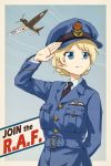  1girl aircraft airplane arm_behind_back arm_behind_head bangs black_neckwear blonde_hair blue_belt blue_eyes blue_hair blue_jacket braid chanko closed_mouth commentary_request condensation_trail crown darjeeling dress_shirt emblem english eyebrows_visible_through_hair girls_und_panzer hat highres jacket looking_to_the_side military military_hat military_uniform military_vehicle motion_blur necktie outside_border partial_commentary peaked_cap poster roundel royal_air_force shirt short_hair smile solo spitfire_(airplane) standing tied_hair twin_braids uniform upper_body white_shirt wing_collar world_war_ii 