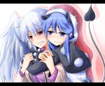  2girls animal_ears bangs beige_jacket black_dress blue_eyes blue_hair blush breasts clenched_teeth commentary_request crying crying_with_eyes_open doremy_sweet dress eyebrows_visible_through_hair feathered_wings hair_between_eyes hands_up happy_tears hat head_tilt hug hug_from_behind jacket kishin_sagume large_breasts letterboxed long_sleeves looking_at_another multicolored multicolored_clothes multicolored_dress multiple_girls open_clothes open_jacket oshiaki outline pom_pom_(clothes) purple_dress red_eyes red_hat santa_hat short_hair sidelocks silhouette silver_hair simple_background single_wing smile tail tapir_ears tapir_tail tears teeth touhou upper_body white_background white_dress white_outline white_wings wings yuri 
