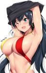  1girl aqua_eyes armpits arms_up bangs black_hair blush breasts criss-cross_halter earrings eyebrows_visible_through_hair fang ganaha_hibiki halterneck highres hoop_earrings idolmaster jewelry large_breasts long_hair navel one_eye_closed open_mouth shiny shiny_hair shiny_skin smile solo swimsuit tony_guisado undressing upper_body 