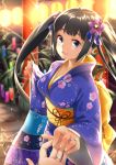  1girl black_hair blue_eyes blue_kimono breasts commission dungeon_ni_deai_wo_motomeru_no_wa_machigatteiru_darou_ka floral_print flower glint hair_flower hair_ornament hand_holding hestia_(danmachi) highres japanese_clothes jewelry kimono lantern long_hair medium_breasts night open_mouth outdoors paper_lantern rara086 ring smile standing tanzaku torii twintails wide_sleeves yukata 