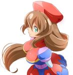  1girl android beret breasts brown_hair dress from_above green_eyes hair_between_eyes hat iris_(rockman_x) large_breasts long_hair looking_at_viewer ngv3553 red_hat rockman rockman_x rockman_x4 simple_background smile solo white_background 