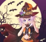  1girl absurdres alternate_costume bat black_cape blush cape claw_pose commentary crop_top d-pad eriksonix fangs flower food full_moon hair_between_eyes halloween halloween_costume hands_up hat hat_belt hat_flower hat_ribbon heart heart-shaped_pupils highres looking_at_viewer medium_hair midriff moon navel neptune_(choujigen_game_neptune) neptune_(series) outdoors pudding purple_flower ribbon signature skull solo suspenders symbol-shaped_pupils tree vampire witch witch_hat 