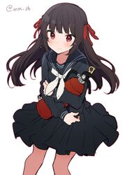  1girl bangs black_sailor_collar black_serafuku black_shirt black_skirt blush brown_hair closed_mouth eyebrows_visible_through_hair fire_extinguisher hair_ribbon himeno_mikoto ikeuchi_tanuma kaii_shoukougun long_hair looking_at_viewer object_hug pleated_skirt red_eyes red_ribbon ribbon sailor_collar school_uniform serafuku shirt skirt solo tears very_long_hair wavy_mouth 