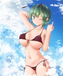  1girl adda antennae arm_behind_head bikini breasts clouds collarbone commentary_request cowboy_shot day eyebrows_visible_through_hair green_eyes green_hair large_breasts micro_bikini navel one_eye_closed pointing pointing_up short_hair side-tie_bikini smile strap_gap swimsuit touhou under_boob wriggle_nightbug 